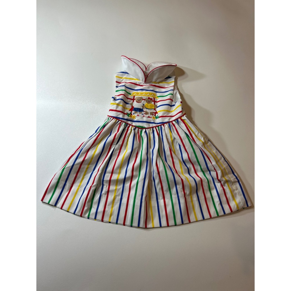 Patsy Aiken Designs Dress Girls 4 White Multi Stripe Teddy Bear Embroidered Vtg